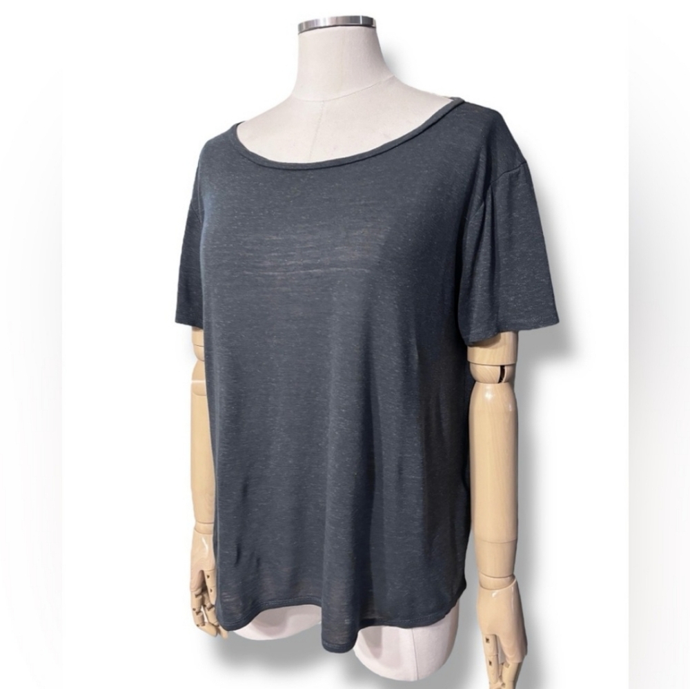 RAG & BONE JEANS Slate Grey Scoop Neck Silk Blend Slub Knit Short Sleeve…